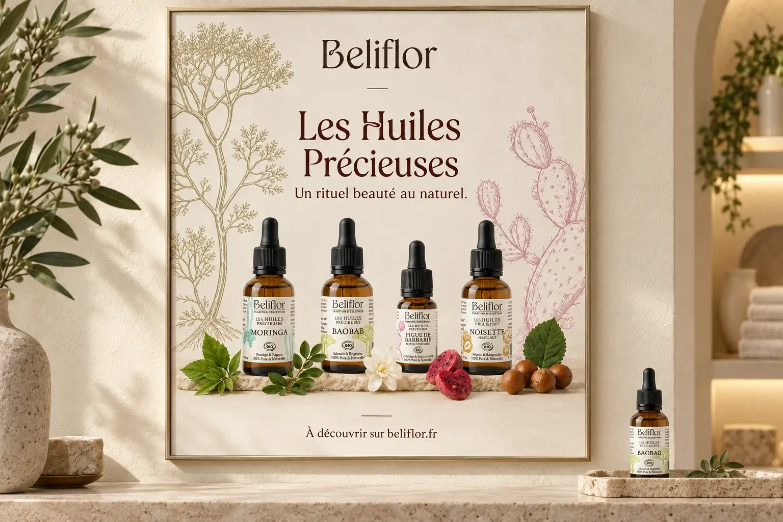 Affiche Beliflor présentant la gamme Huiles Précieuses