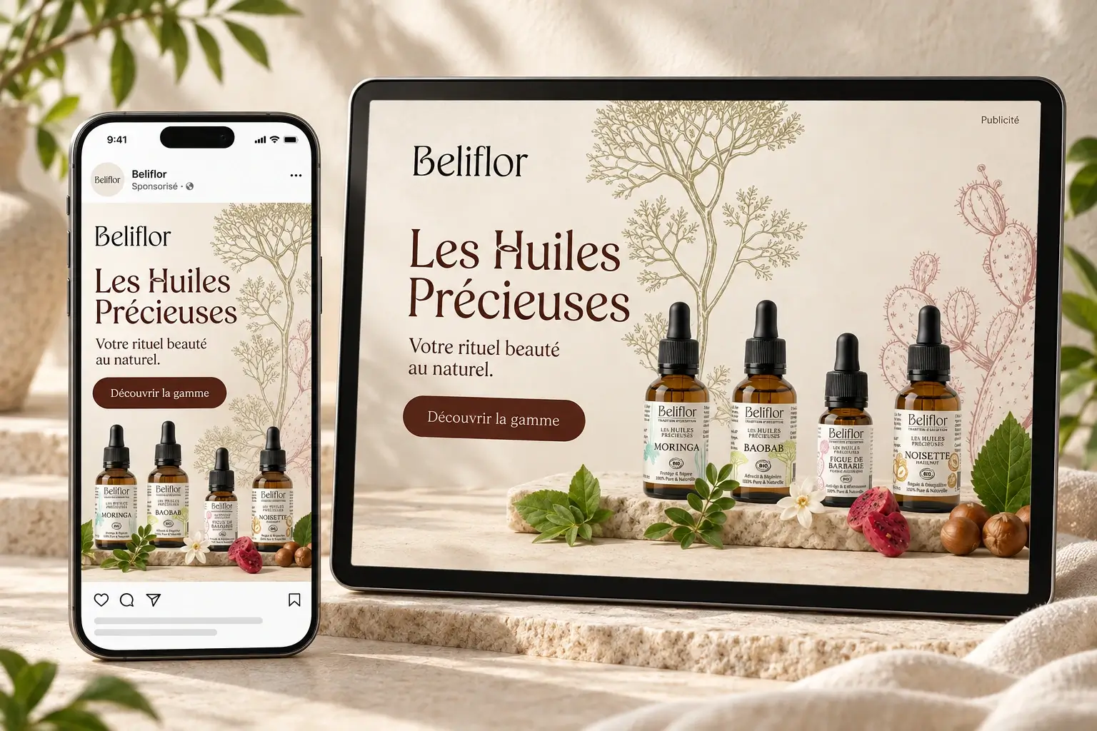 Visuels de campagne Beliflor pour les Huiles Précieuses sur téléphone et tablette