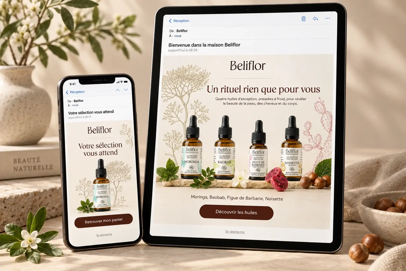 Email Beliflor présentant les Huiles Précieuses sur tablette et téléphone