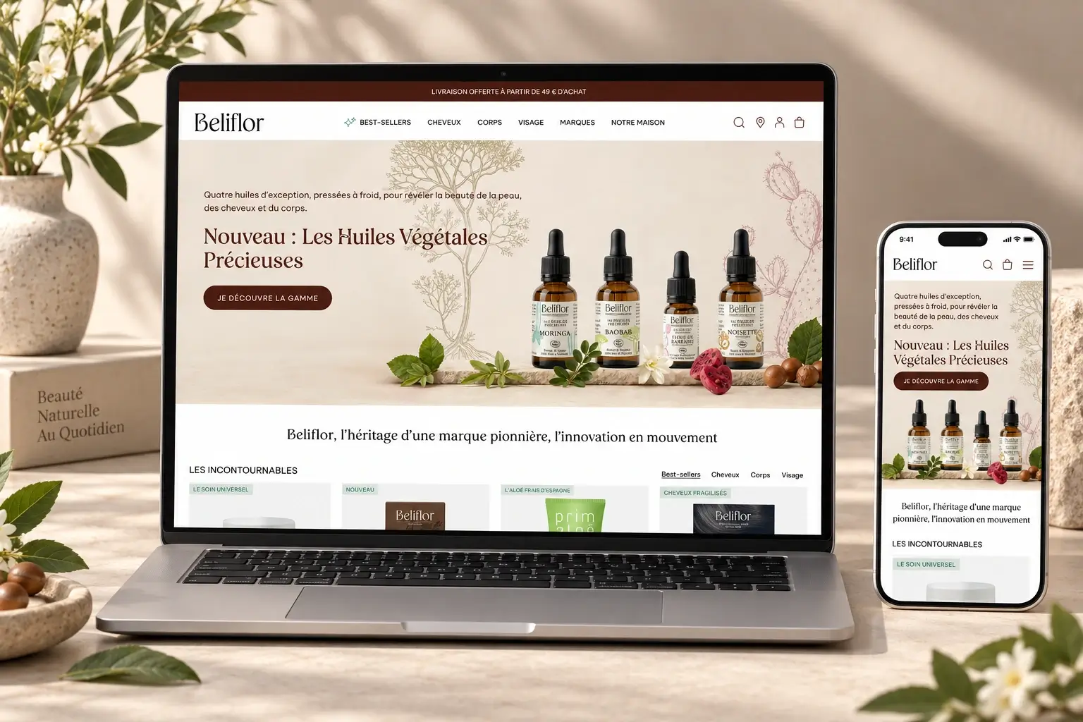 Site e-commerce Beliflor présenté sur ordinateur et téléphone