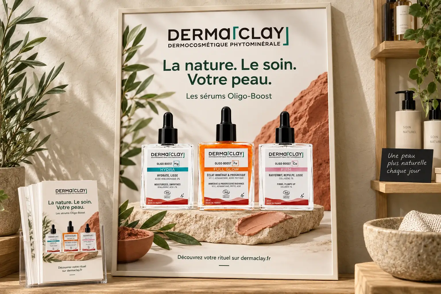 Affiche et supports imprimés Dermaclay autour des sérums Oligo-Boost