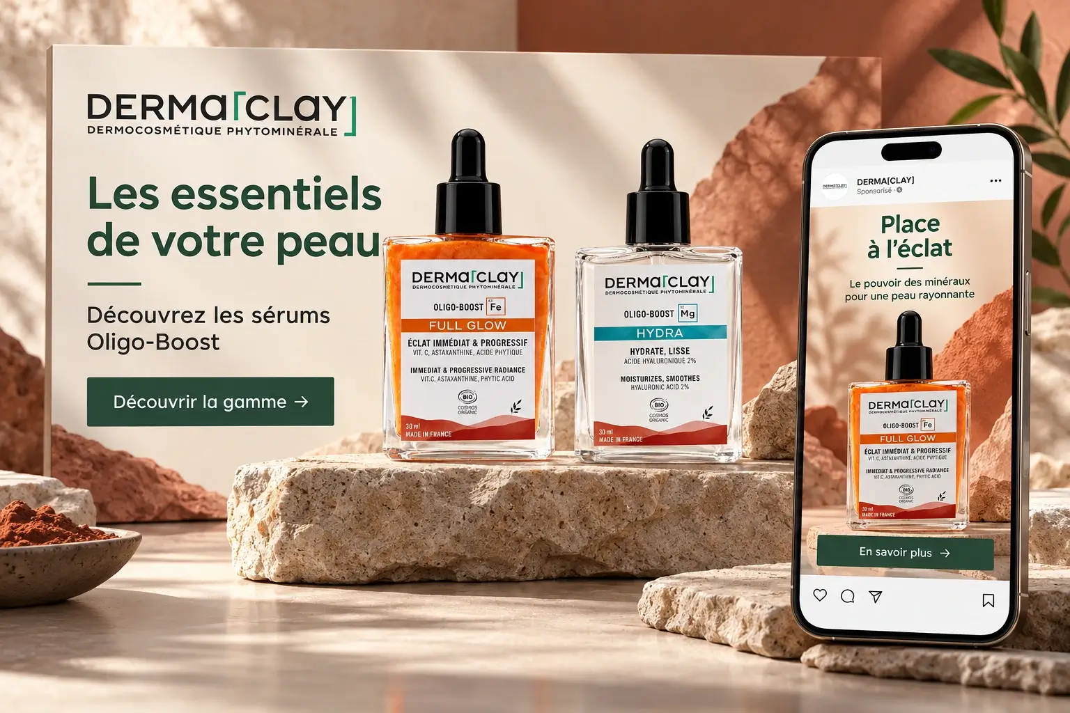 Visuels publicitaires Dermaclay présentant trois sérums Oligo-Boost