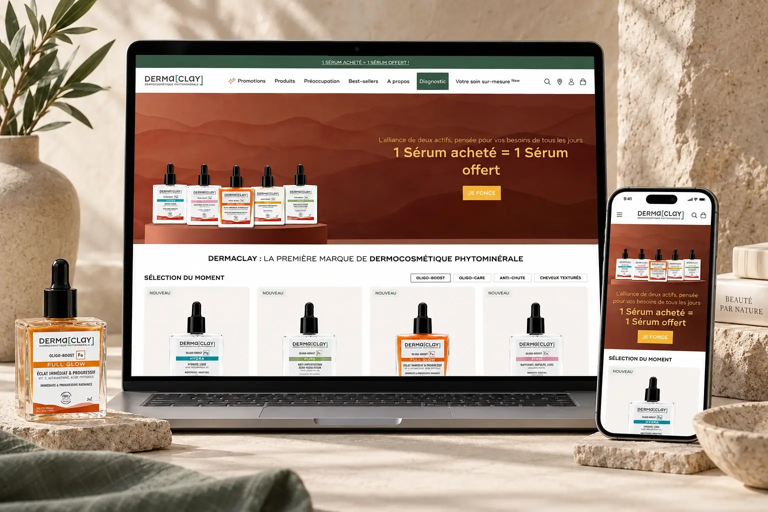 Site e-commerce Dermaclay présenté sur ordinateur et téléphone