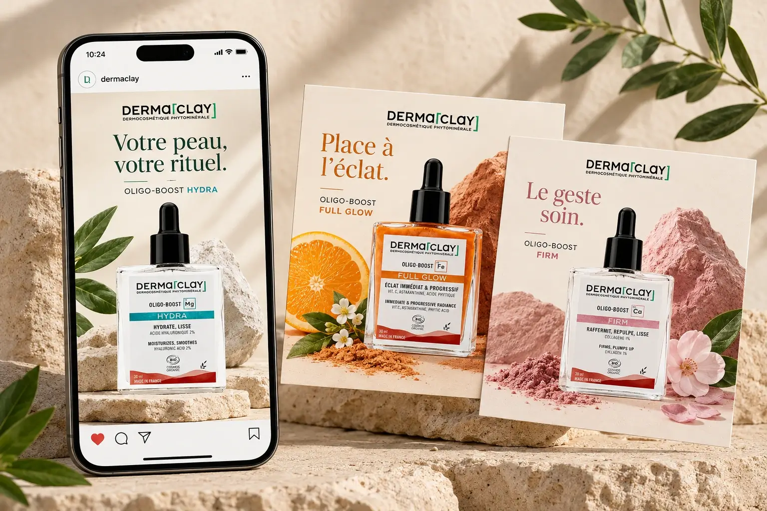 Publications Dermaclay mettant en scène des sérums sur téléphone et supports imprimés