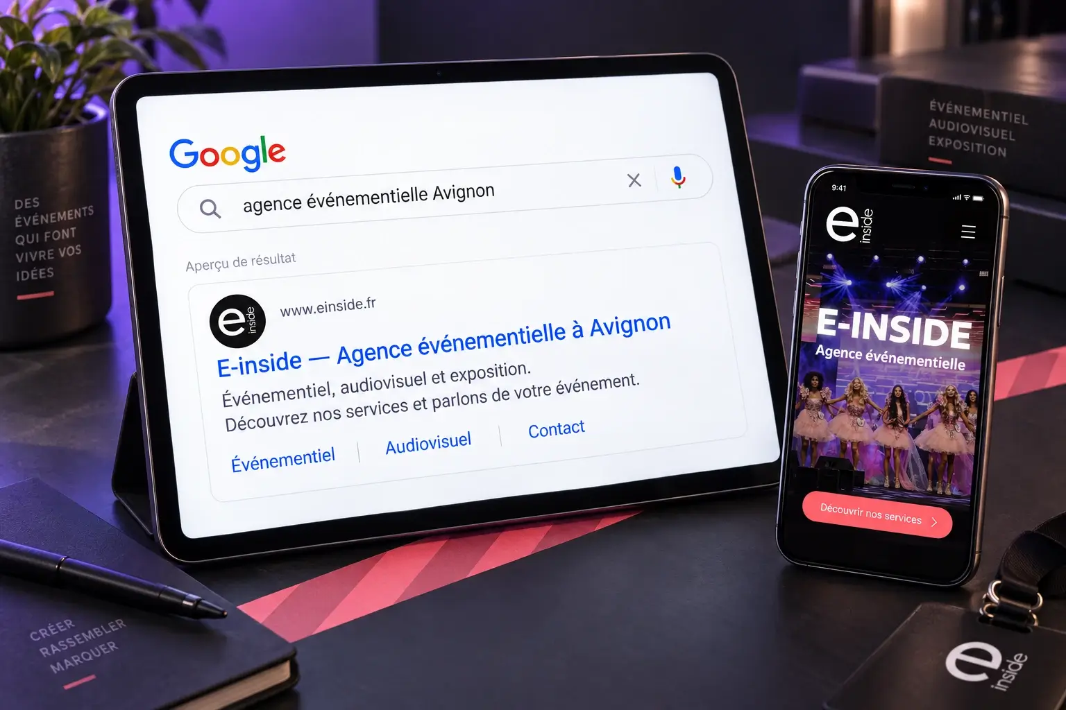 Maquette de résultat Google pour E-inside, agence événementielle à Avignon