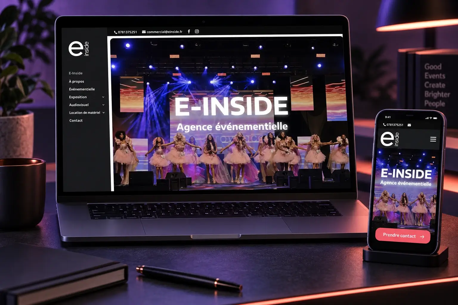 Site de l’agence événementielle E-inside présenté sur ordinateur et téléphone