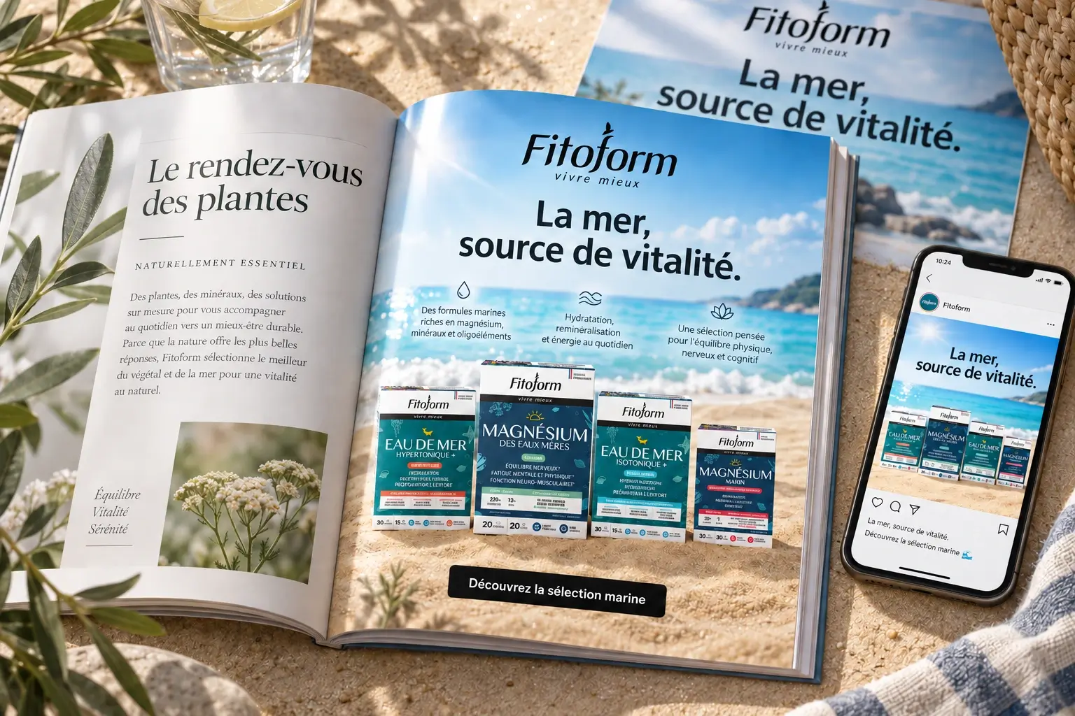 Campagne Fitoform autour des produits marins, déclinée dans un magazine et sur téléphone