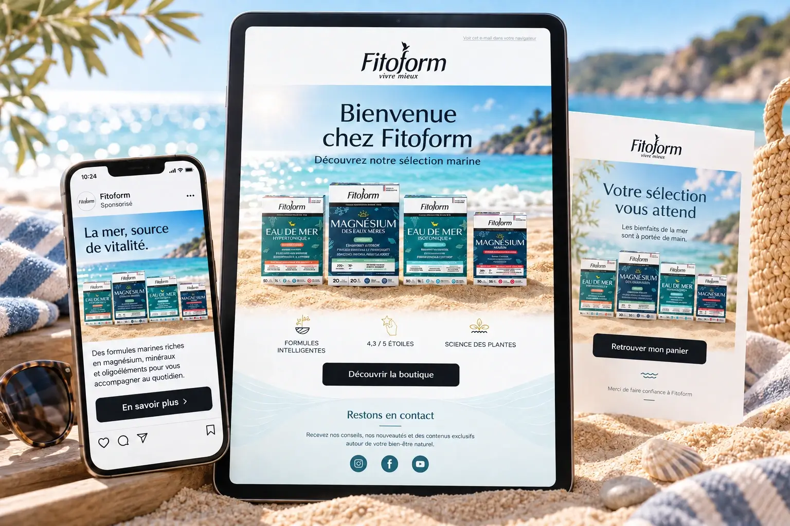 Email de bienvenue et visuels de campagne Fitoform présentant les produits marins