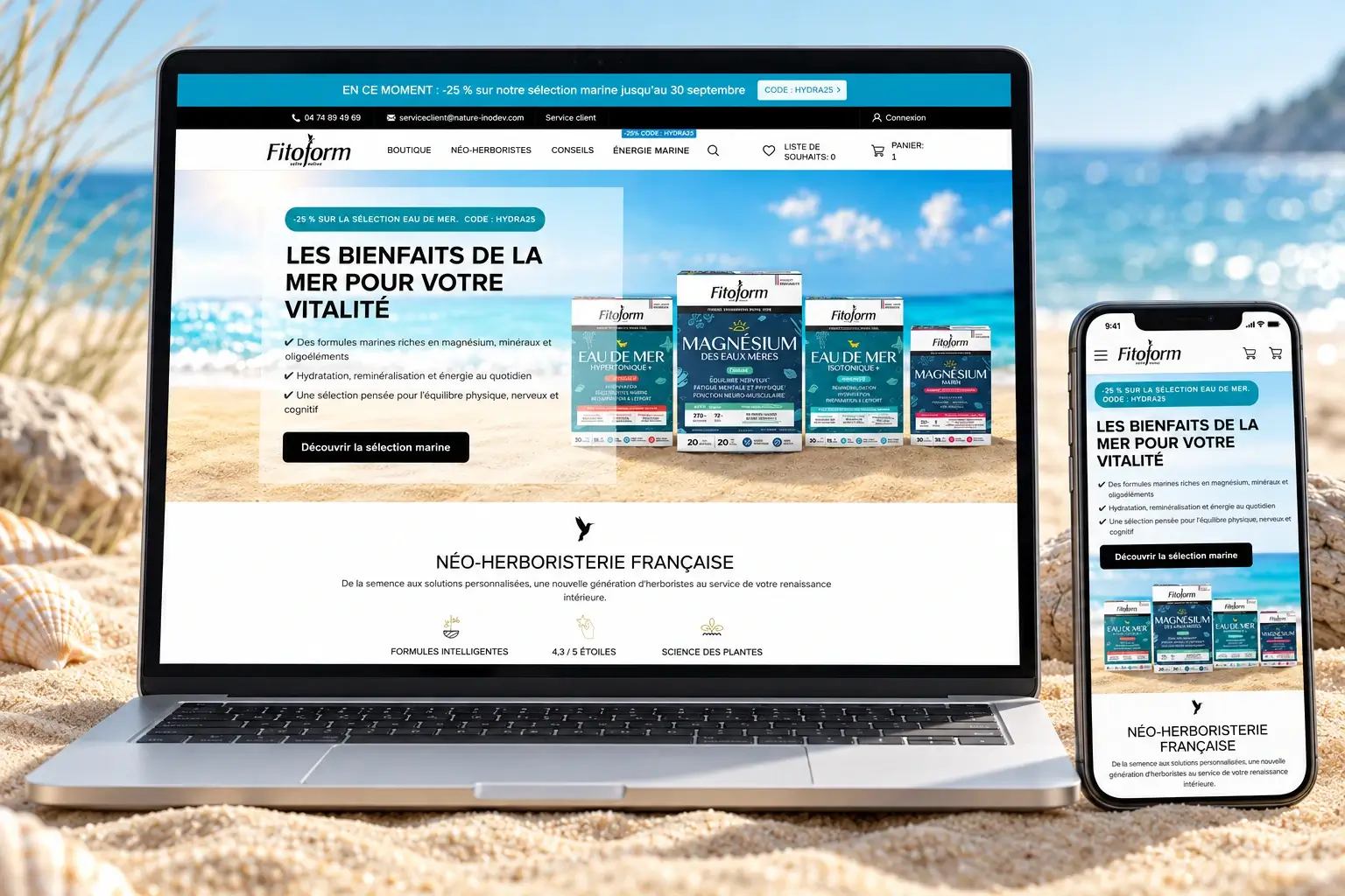 Site e-commerce Fitoform présenté sur ordinateur et téléphone
