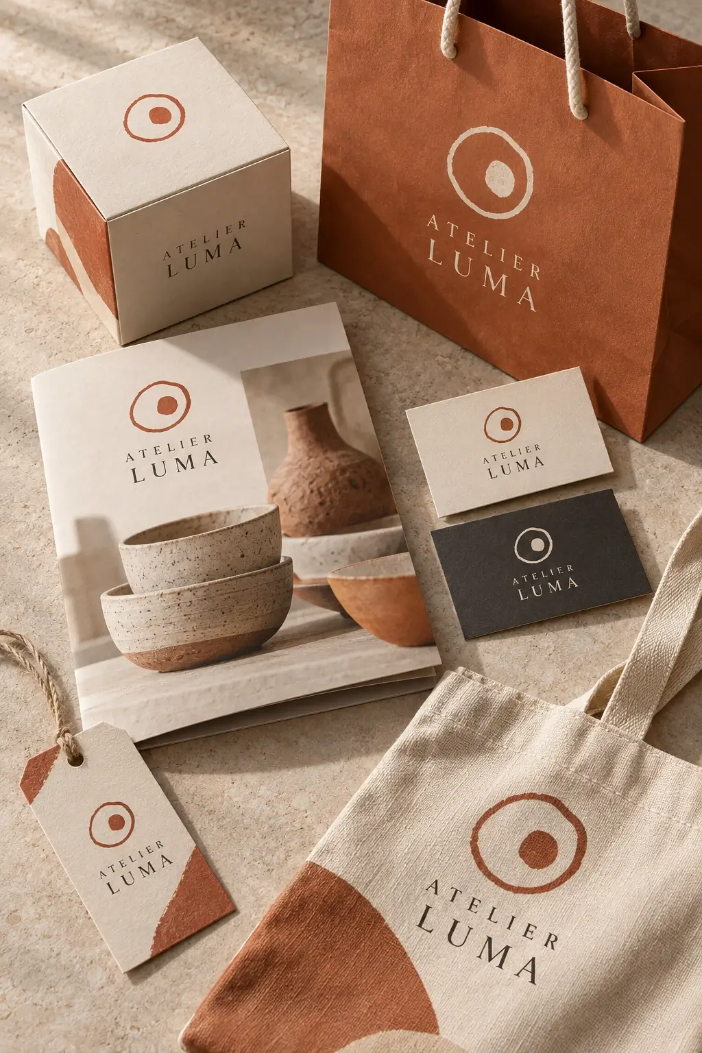 Ensemble de sacs, étiquettes et supports imprimés dans une identité visuelle beige et terracotta
