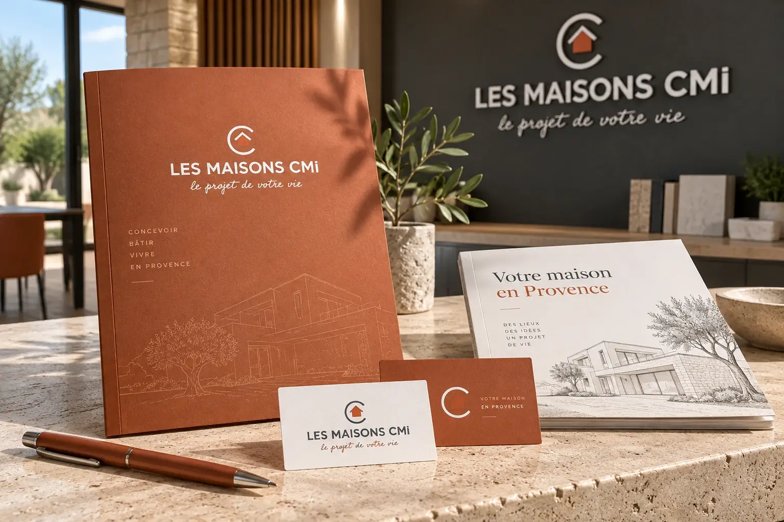 Brochure, carte de visite et supports de marque Les maisons CMI