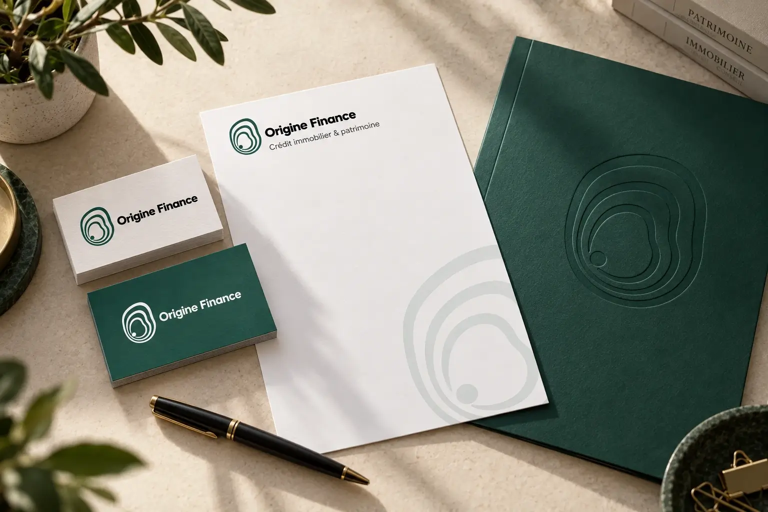 Papeterie et cartes de visite Origine Finance dans des tons vert et crème