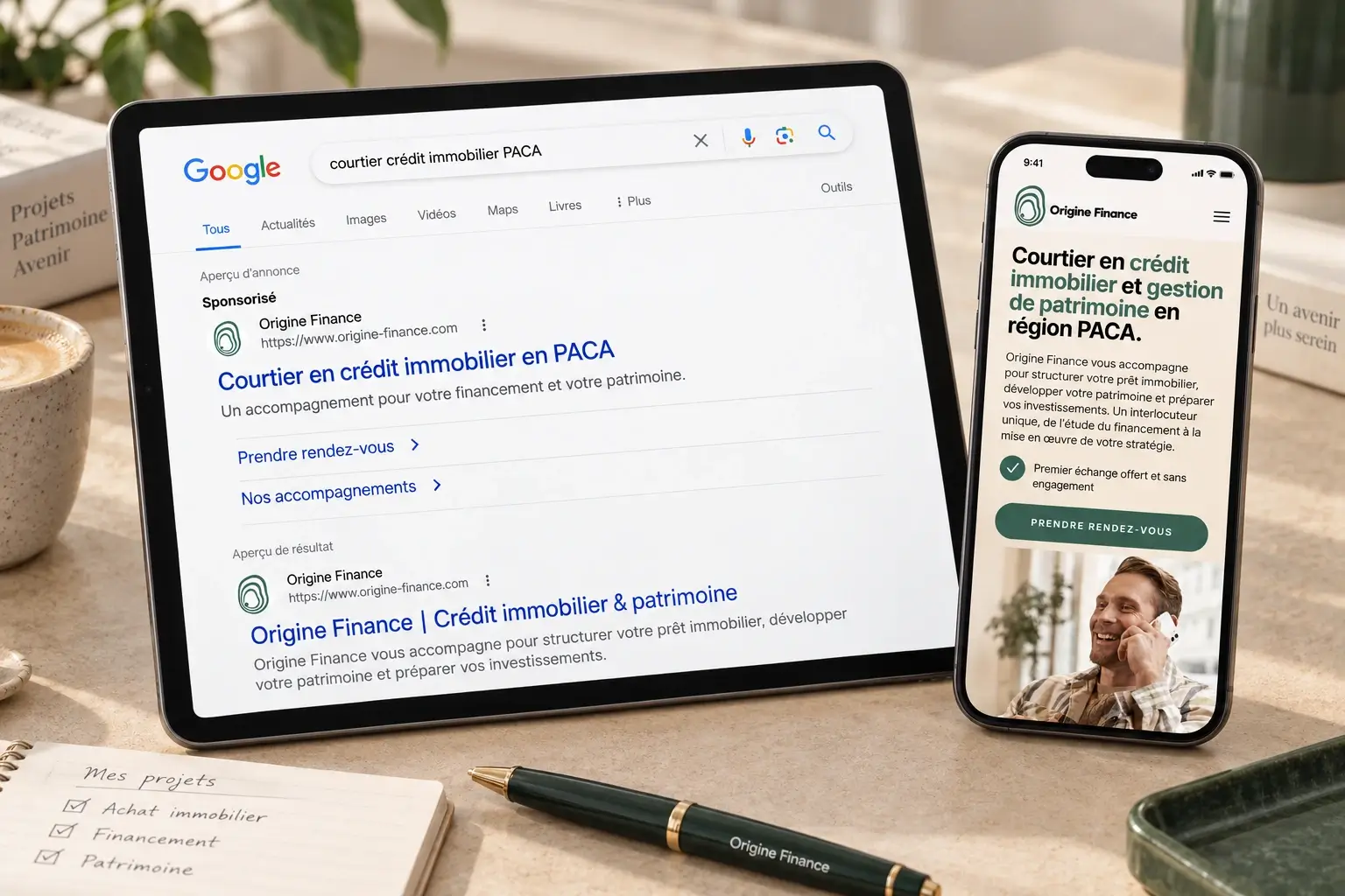 Maquette de résultats Google et aperçu mobile du site Origine Finance