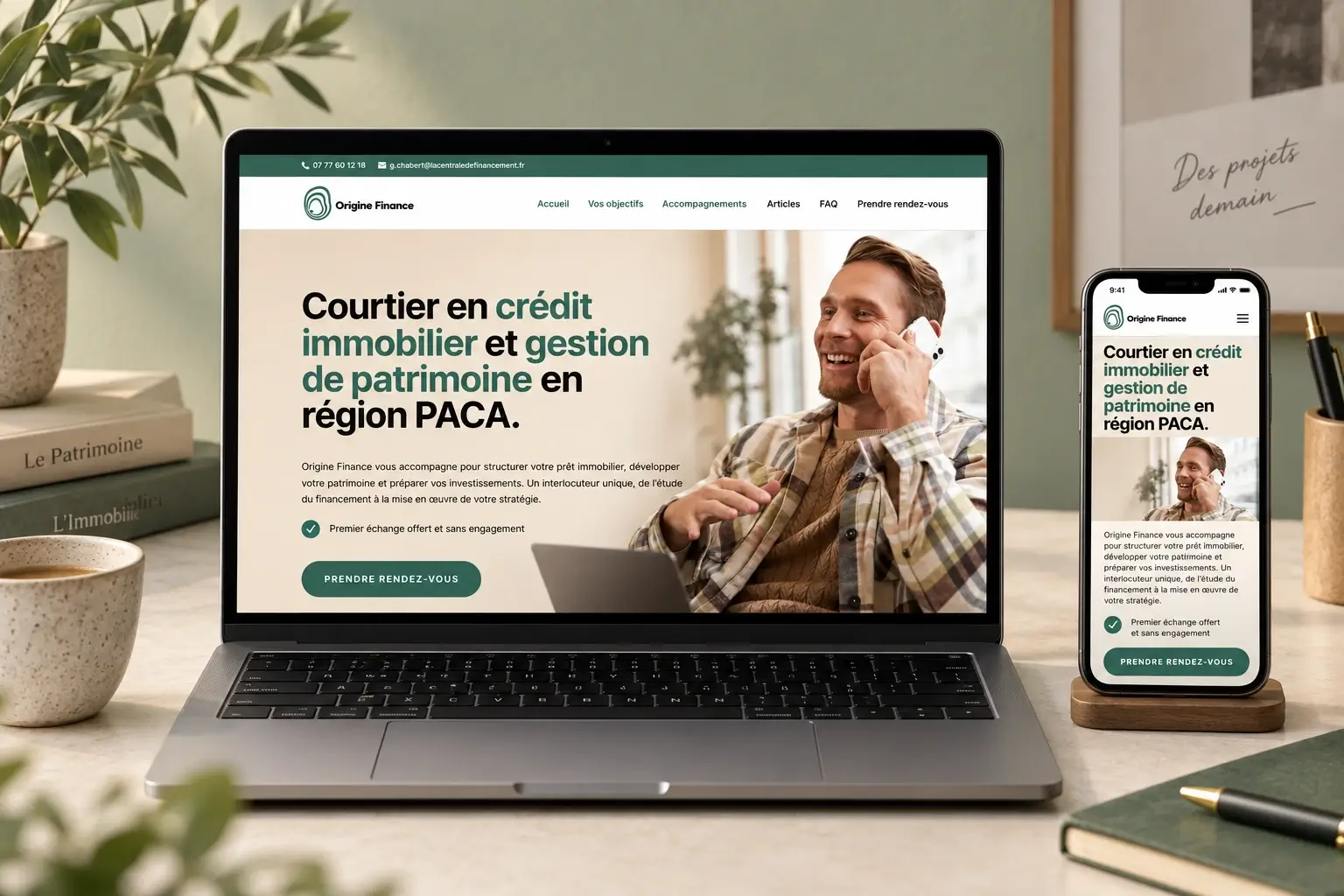 Site Origine Finance présenté sur ordinateur et téléphone
