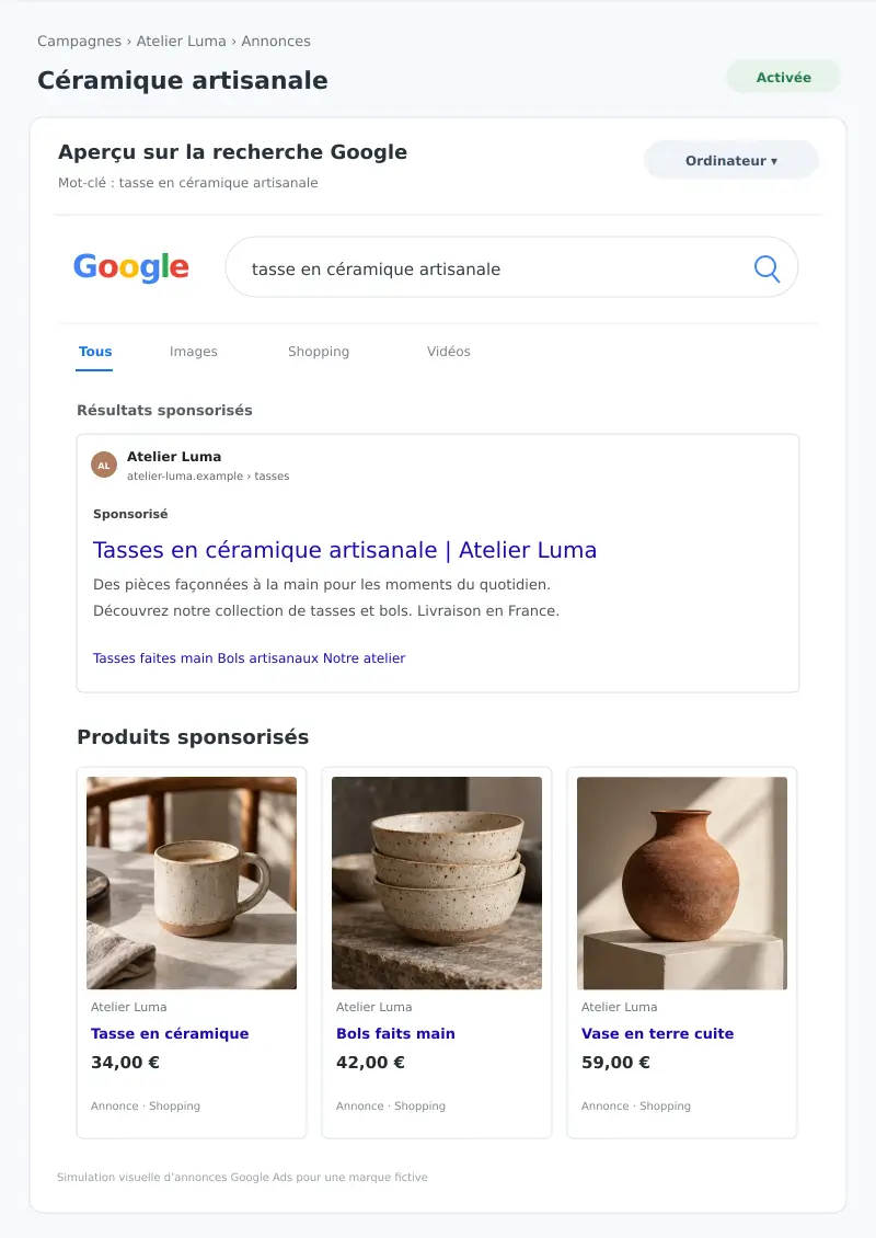 Maquette d’annonces Google pour une boutique de décoration