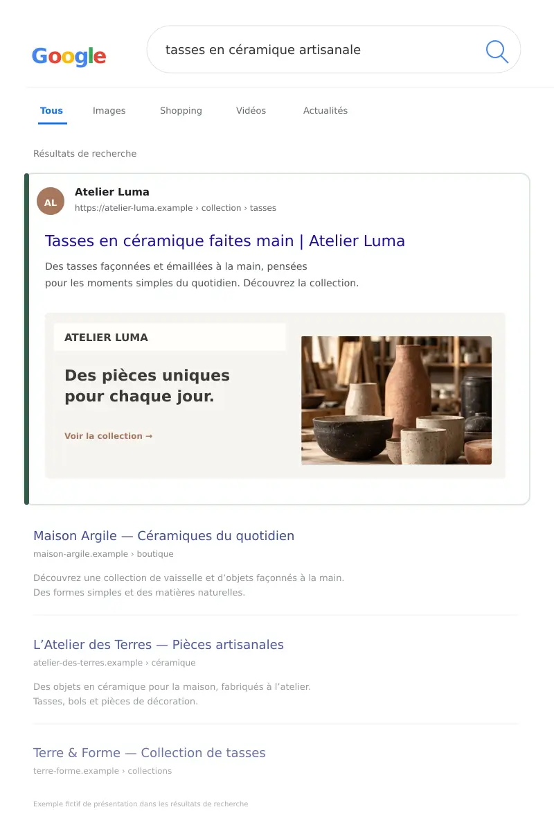 Maquette de résultats Google pour une boutique de décoration