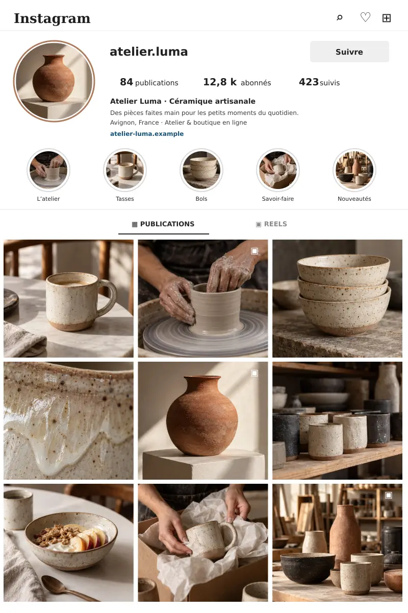 Exemple de profil Instagram avec des publications de décoration et de céramique